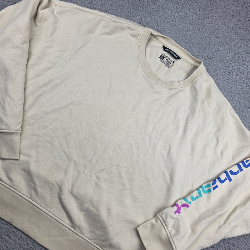 Carhartt Sweatshirt Women XL Cream Rainbow Sleeve Graphic Loose Fit Tencil Fiber